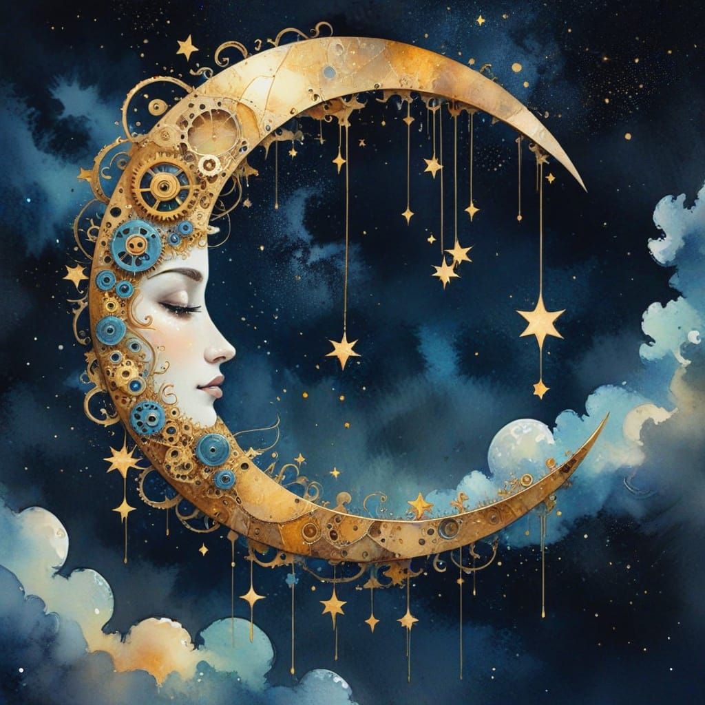 Surreal Half-Moon with Turning Gears in a Starry Sky