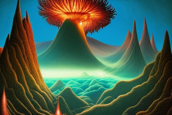 Surreal Volcano Landscape with Birds and Flowers