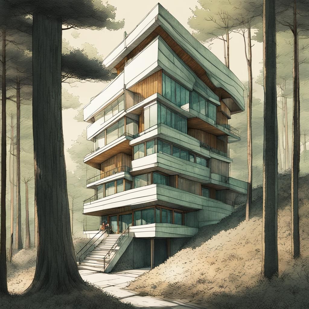 Minimalist Building in Forest, Hand-Drawn Digital Illustrati...