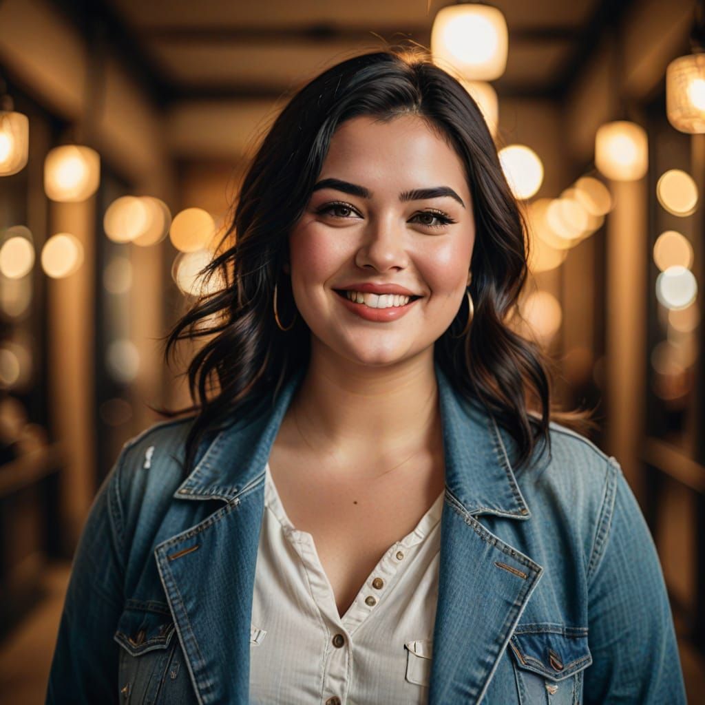 Glamorous Portrait of a Plus-Size Woman in Warm Golden Light...
