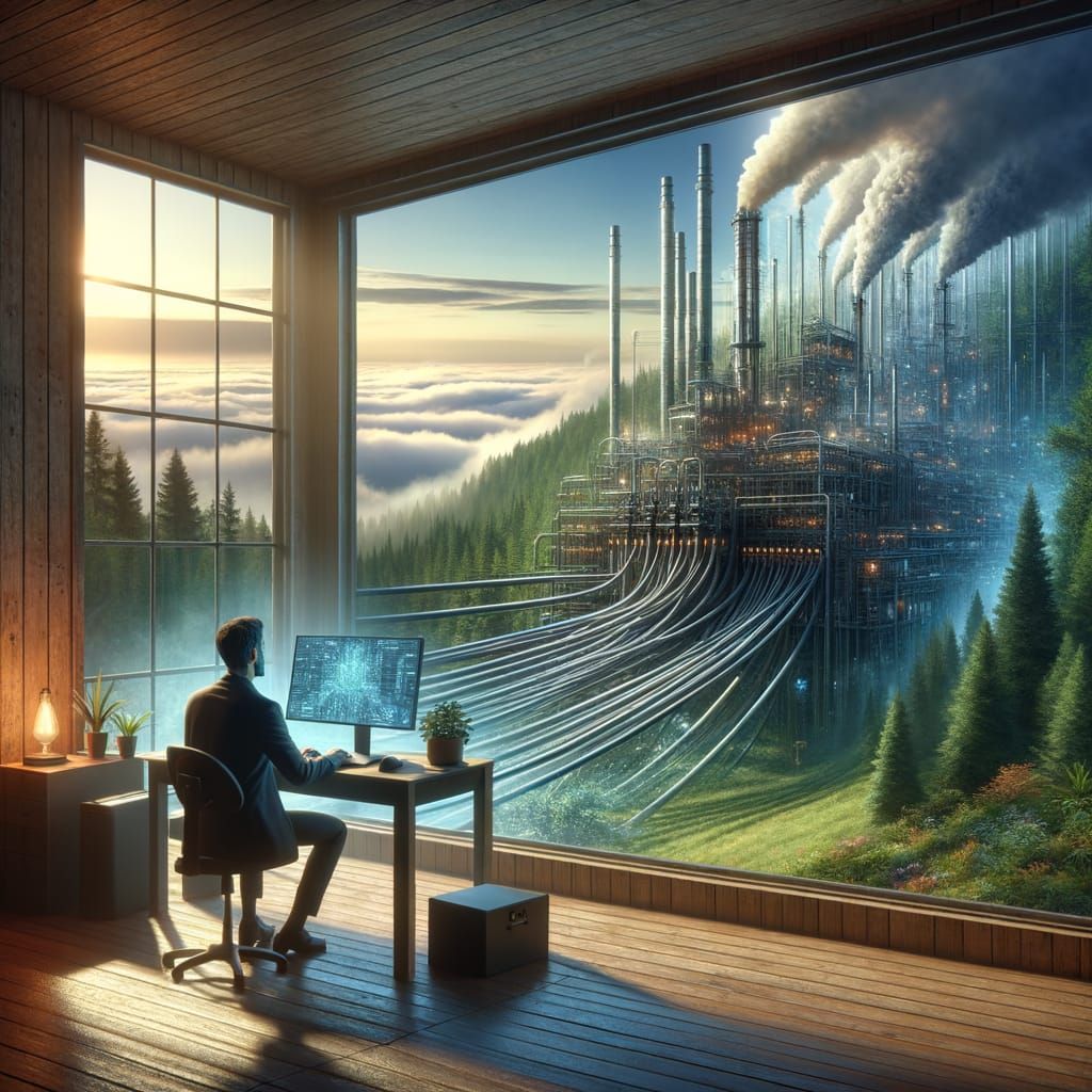 Man Uses Advanced AI System Amidst Nature and Industry