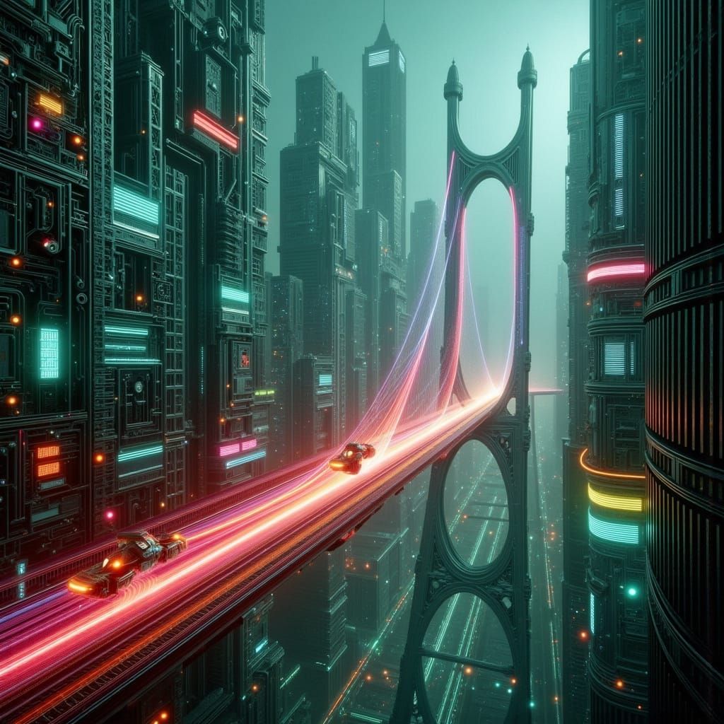 Futuristic Energy Bridge Connects Cyberpunk Skyscrapers