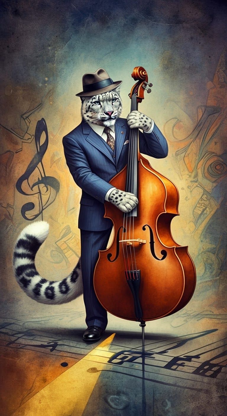 Snow Leopard Jazz Musician in Surreal Scene