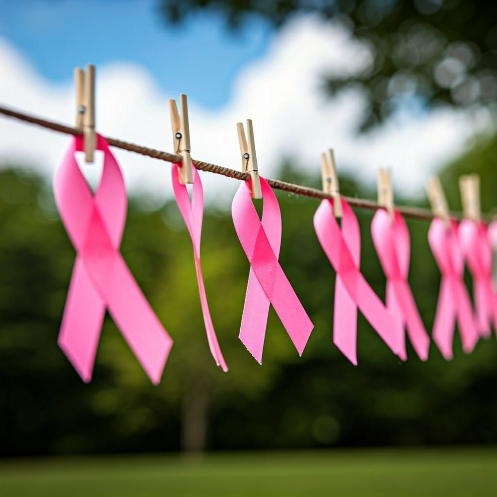 Pink Ribbons of Hope Swaying in Summer Breeze