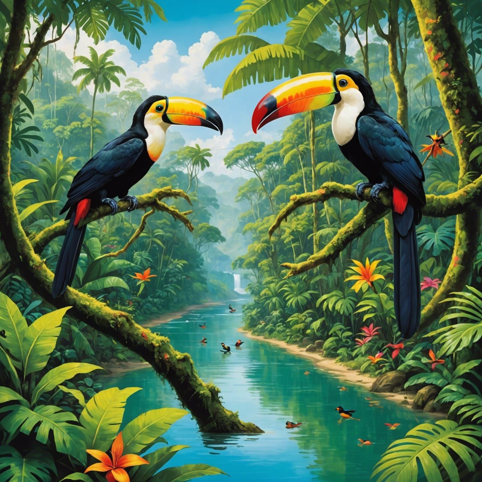 Lush Rainforest Scene with River and Wildlife