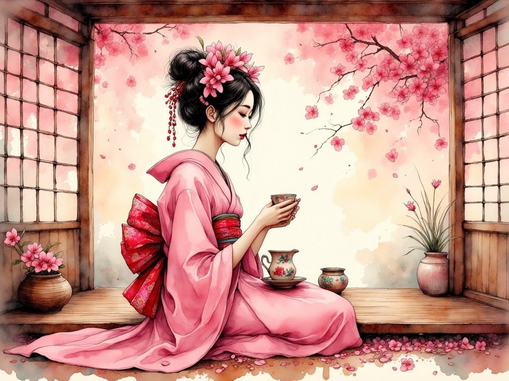 Elegant Geisha in Traditional Japanese Tea House