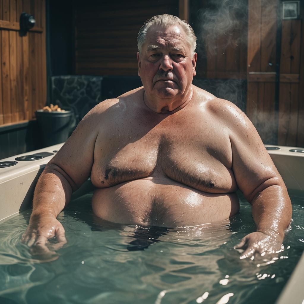 Hyperrealistic Obese Man Relaxing in a Hot Tub