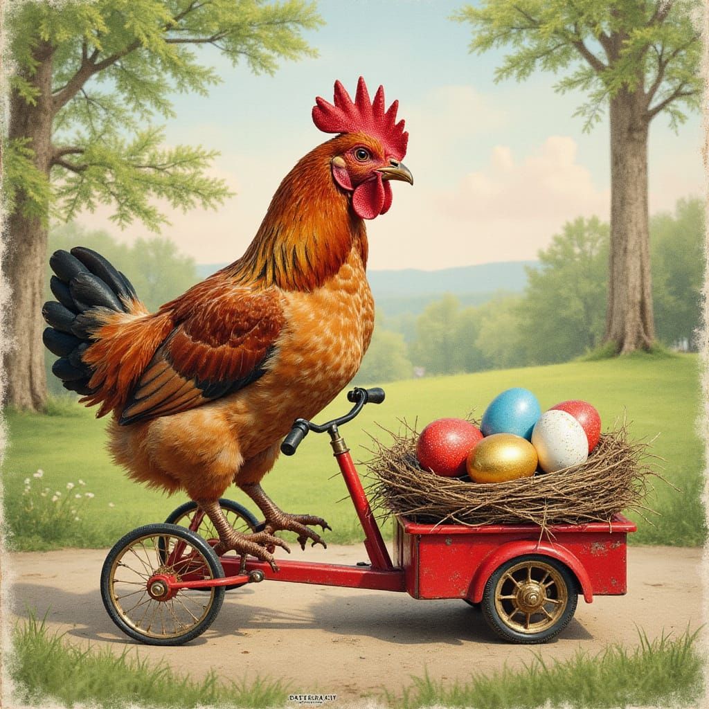 Victorian Easter Postcard Scene with Hen and Easter Eggs