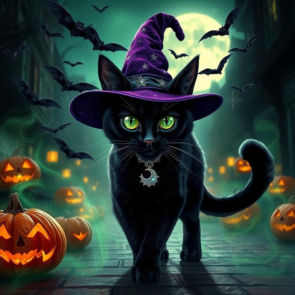 Mystical Black Cat in Halloween Town