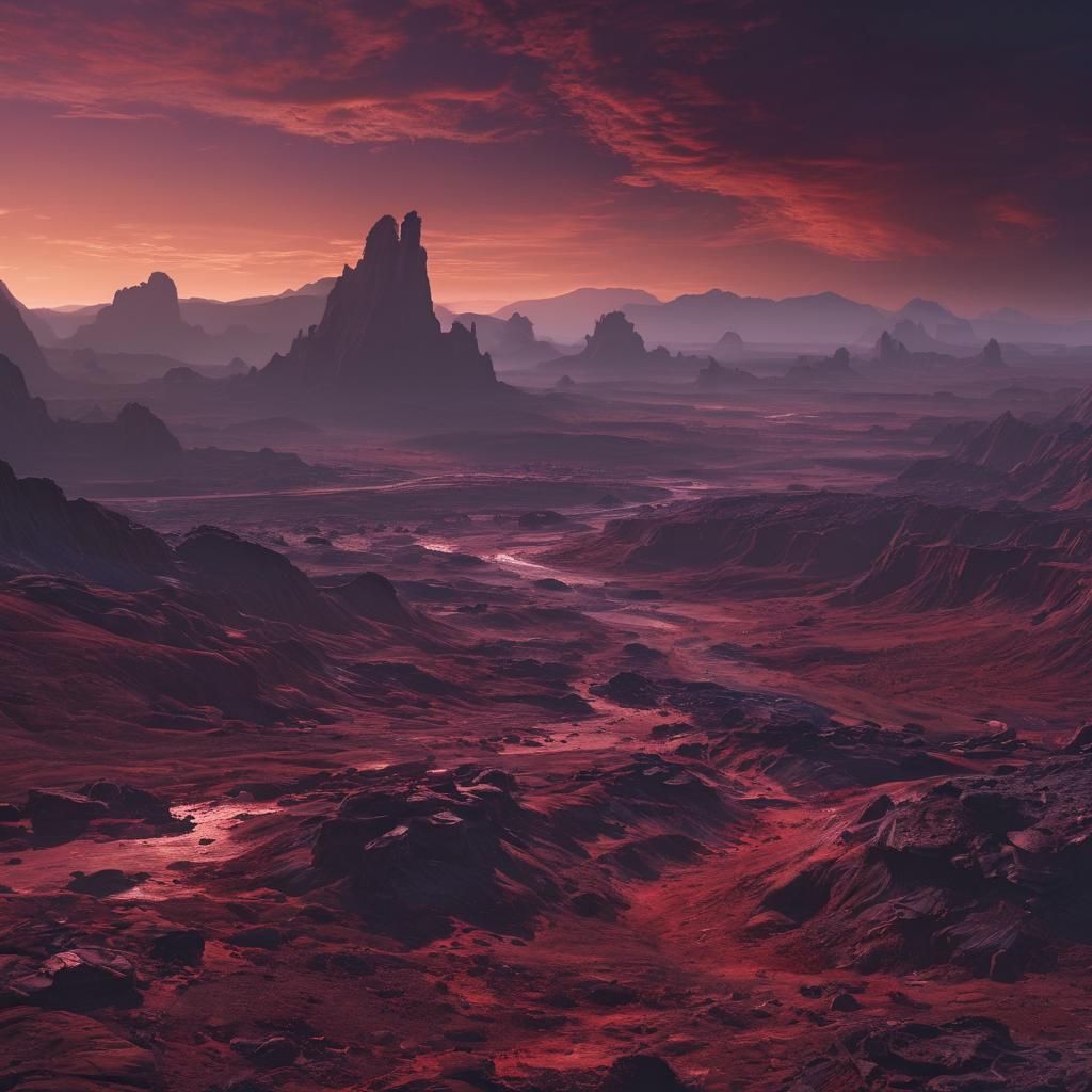 Crimson Horizon: Barren Alien Planet in Film Aesthetic