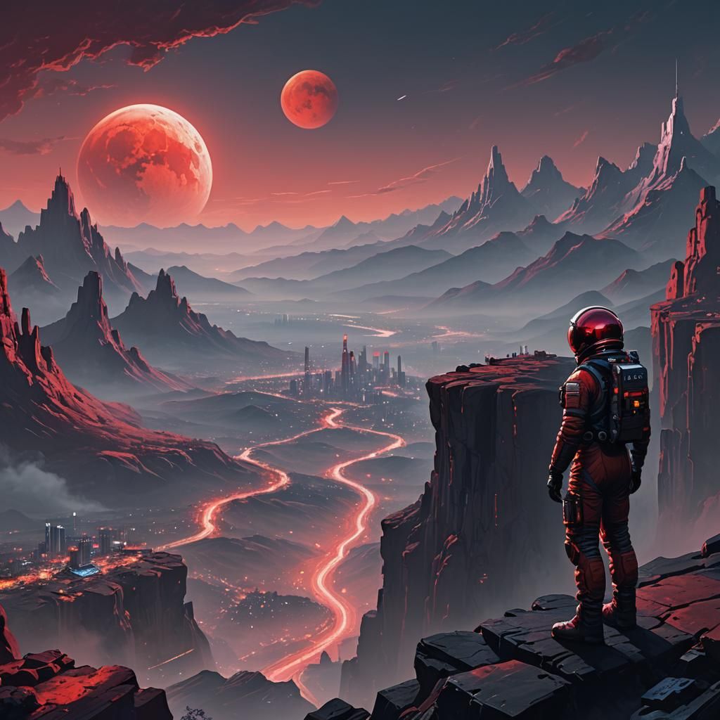 Astronaut Overlooking Futuristic City in Digital Matte Paint...