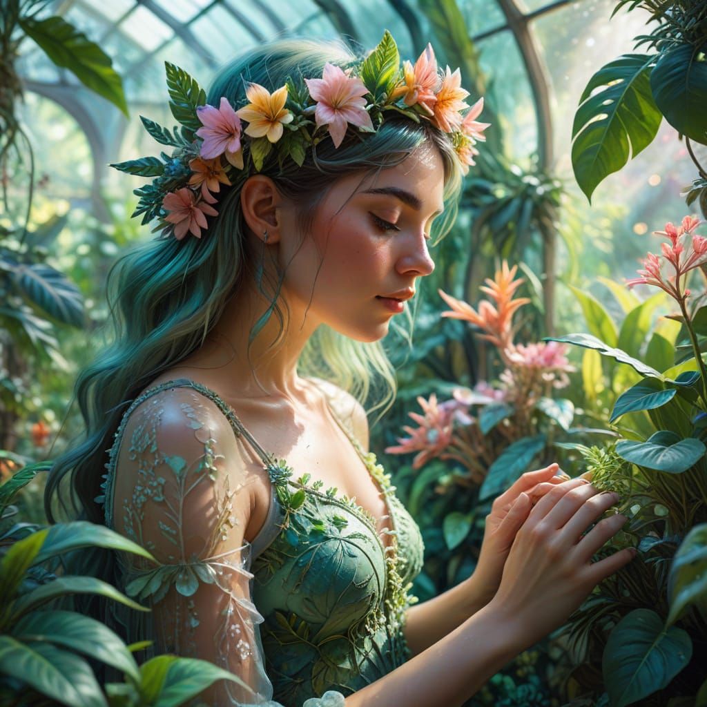 Girl in Greenhouse in Impressionist Style