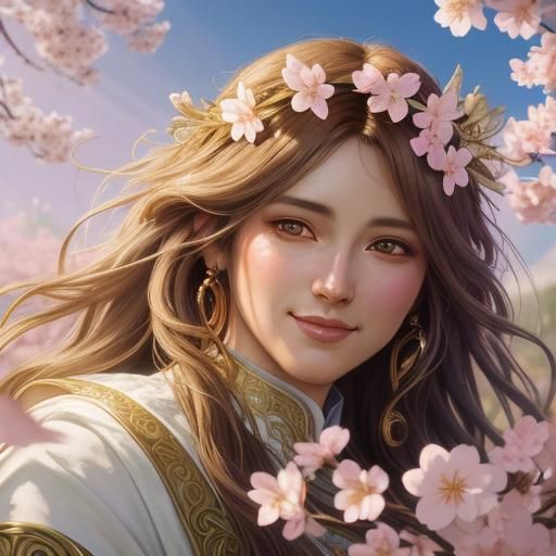 Belldandy in Cherry Blossom Garden, Art Nouveau Portrait