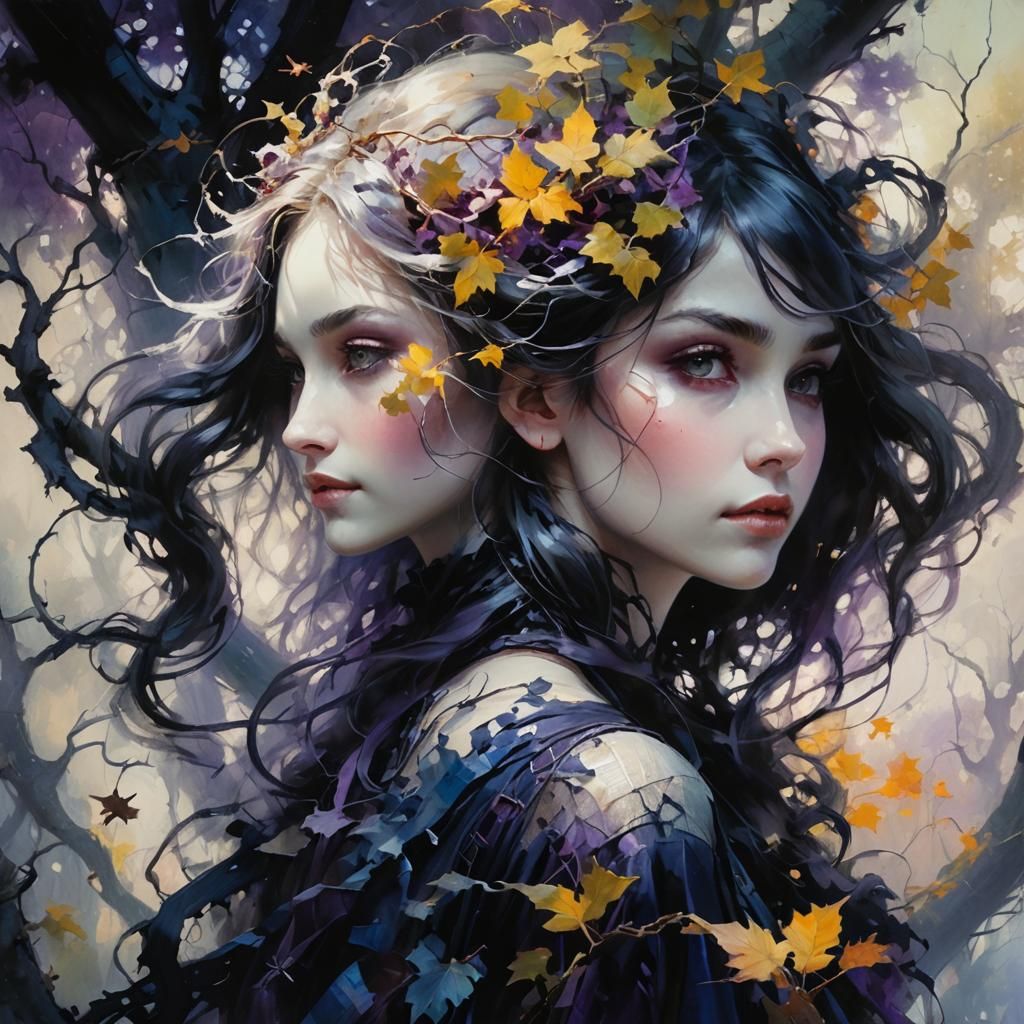 Gothic Girl Smiling in Dark Fantasy Landscape