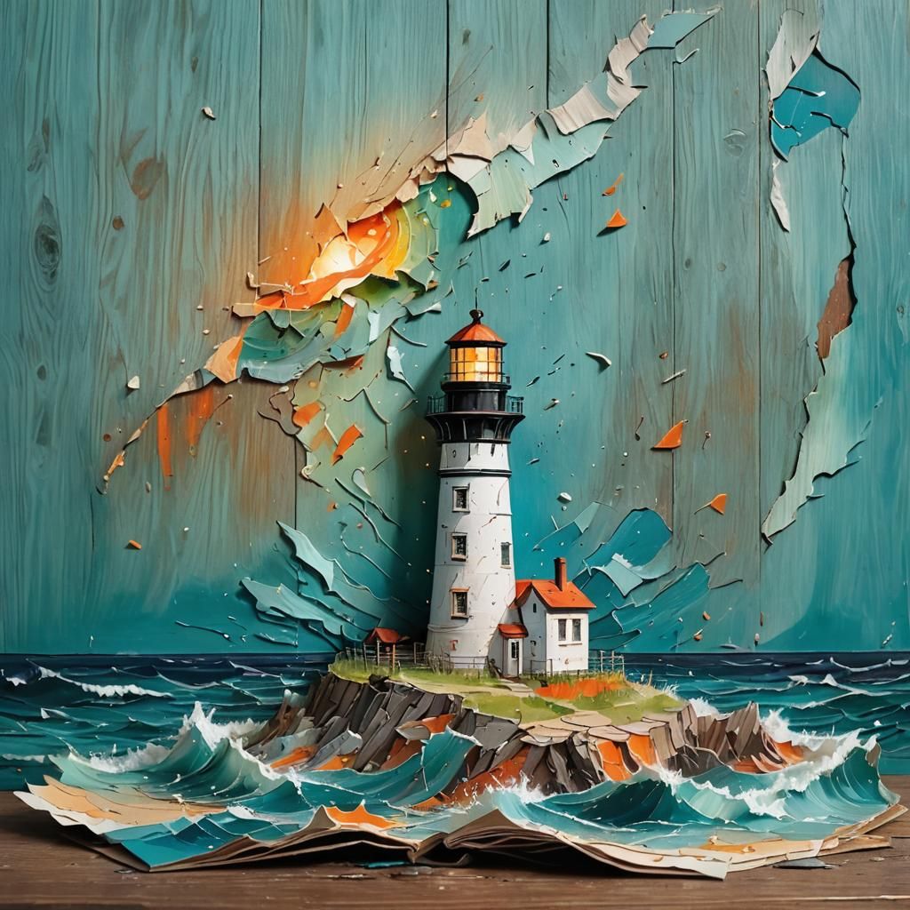 Lighthouse Pop-Up Book Page in Vibrant Oil Painting