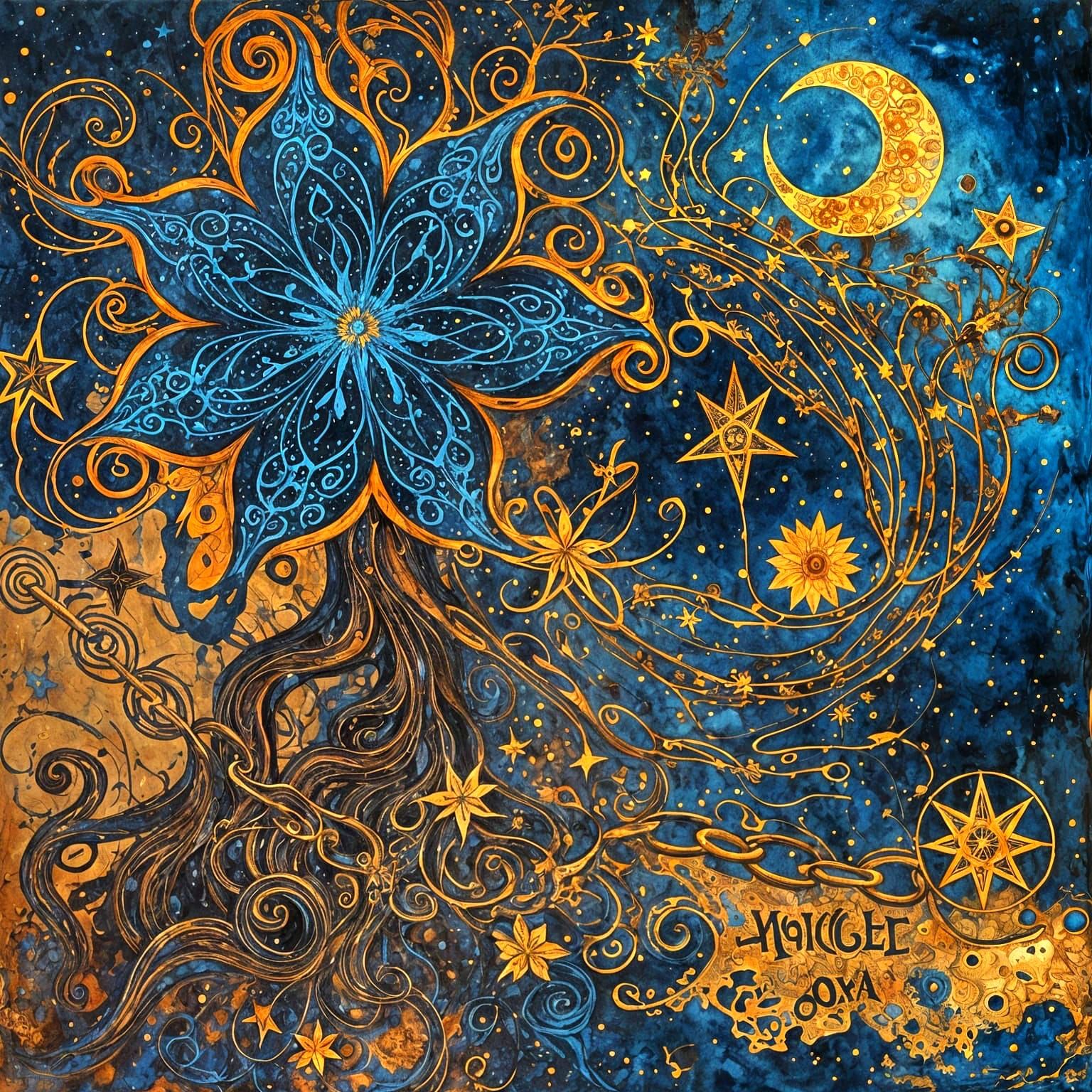 Psychedelic Astral Tree with Flowers in Impasto Style