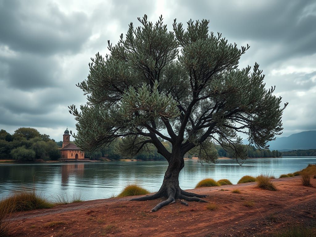 Vivid Olive Tree on Riverbank in Hyperrealistic Style