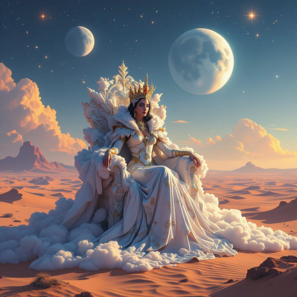 Celestial Queen on Cloud Throne in Hyperrealistic Style