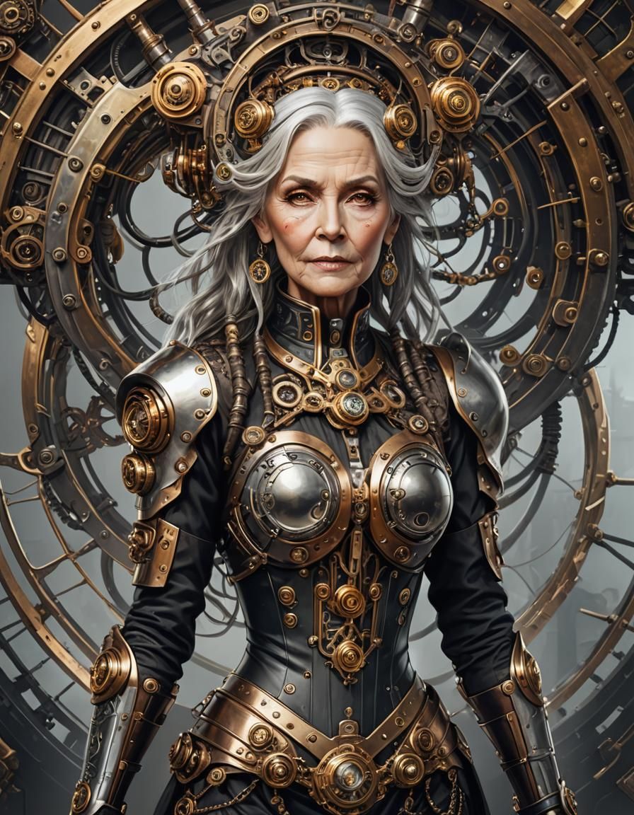 Steampunk Old Woman Portrait with Cybernetic Implants