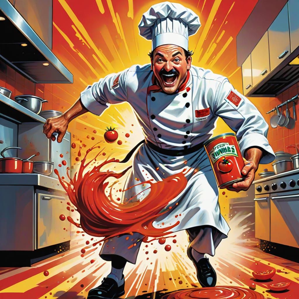 Chef Chases Runaway Tomato Sauce in Comic Art Style