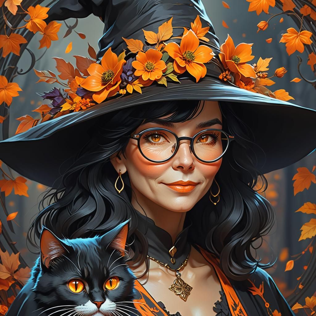 Happy Autumn Witch Portrait in Art Nouveau Style