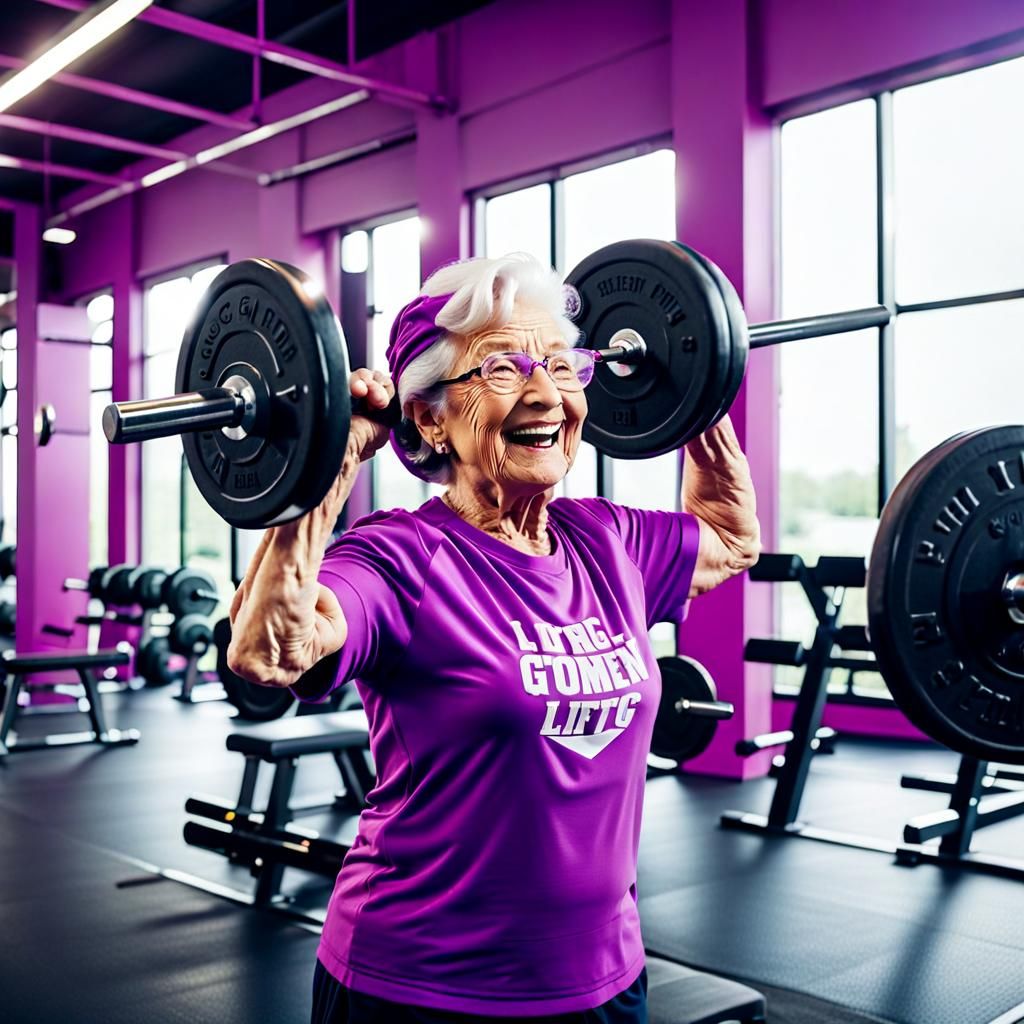 Happy Old Lady Lifting Weights at the Gym
