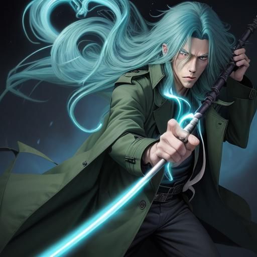 Blue-Haired Man with Energy Staff, in Anime Style