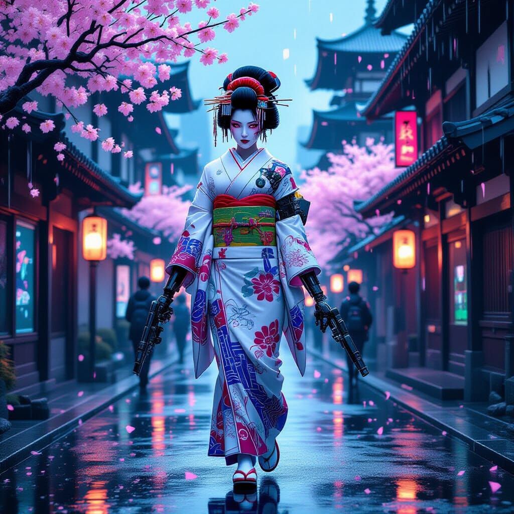 Cyberpunk Geisha in Rainy Tokyo: 3D Anime Art