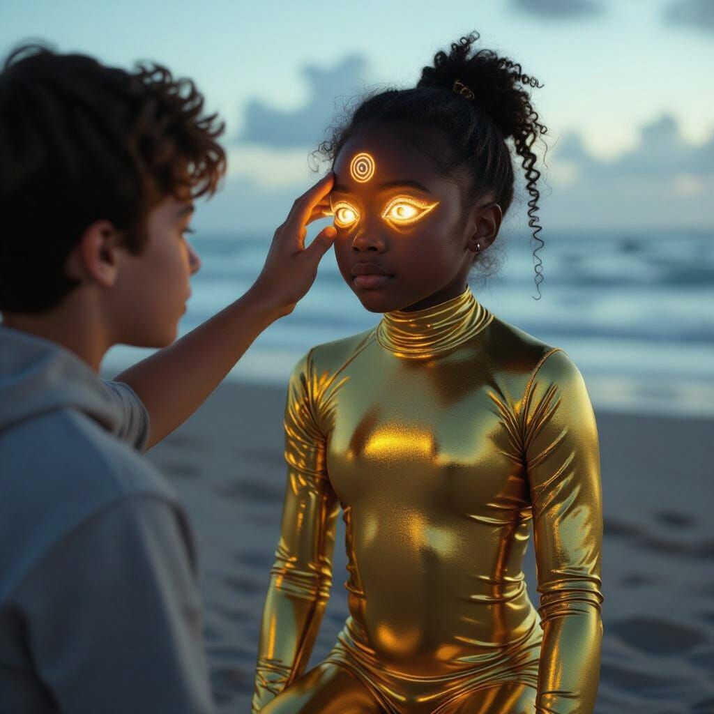 Hypnotic Beach Scene with Child in Golden Spandex