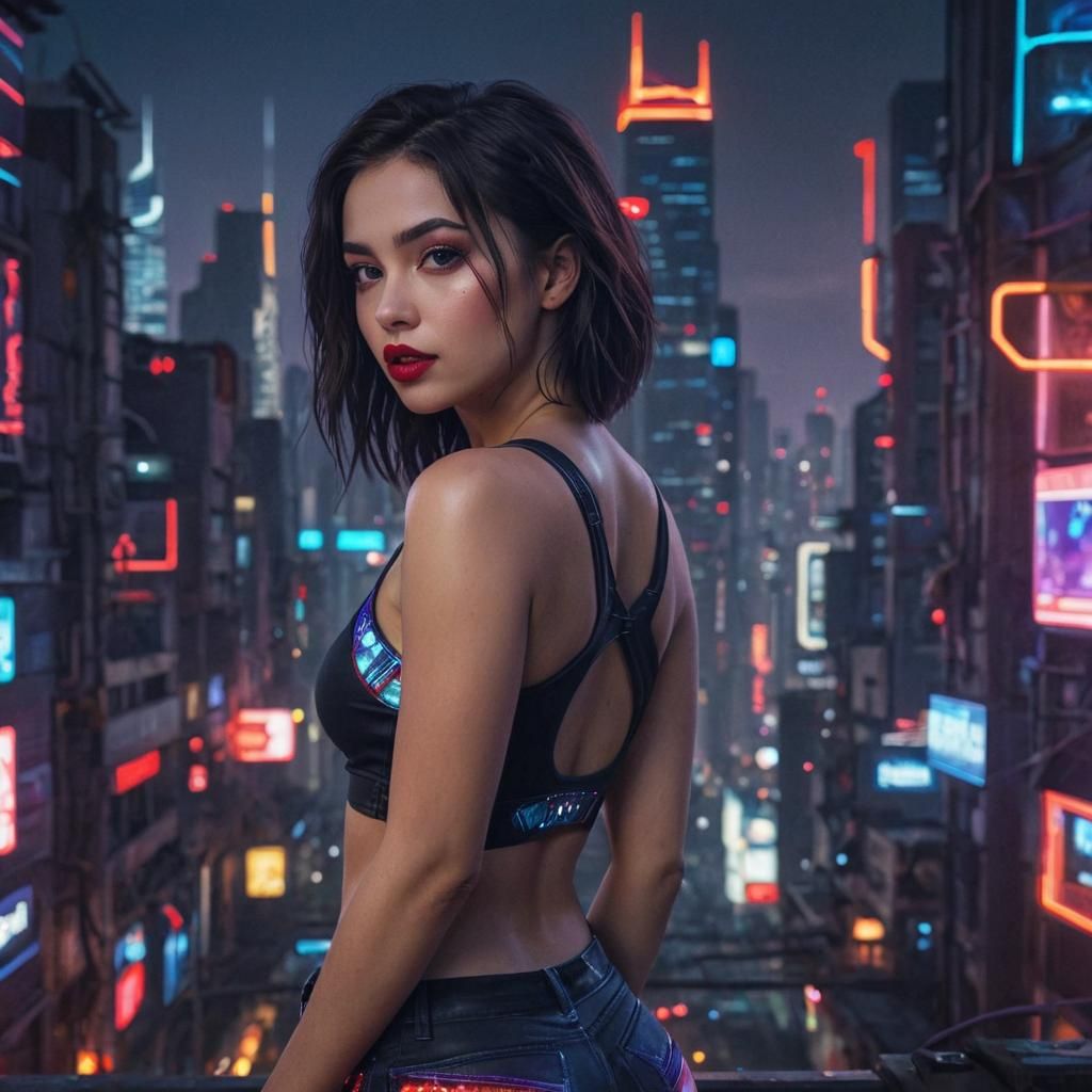Futuristic City Portrait with Neon Lights in Digital Art