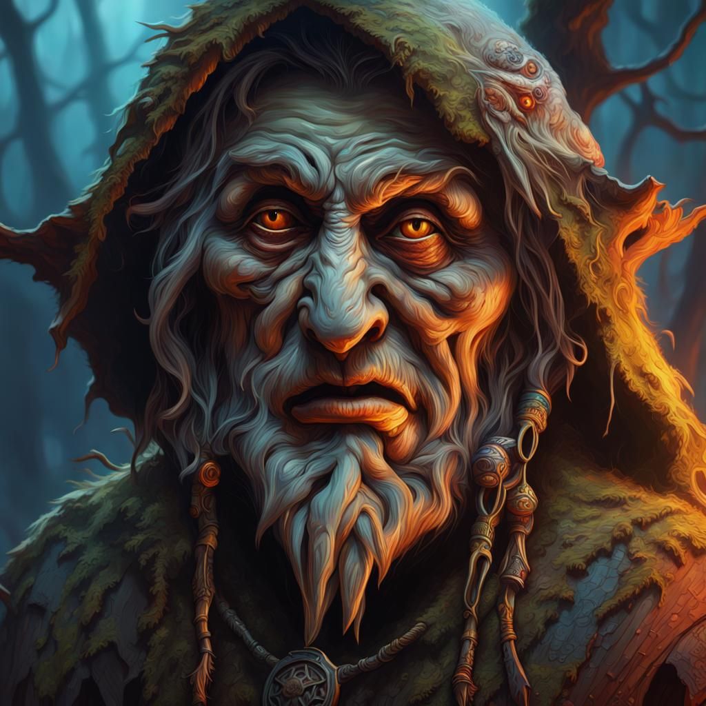 Hyperrealistic Baba Yaga Portrait with Dramatic Lighting