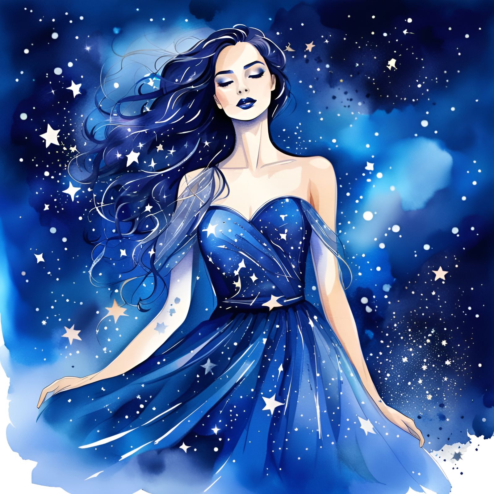 Night Sky Woman in Watercolor Art Style