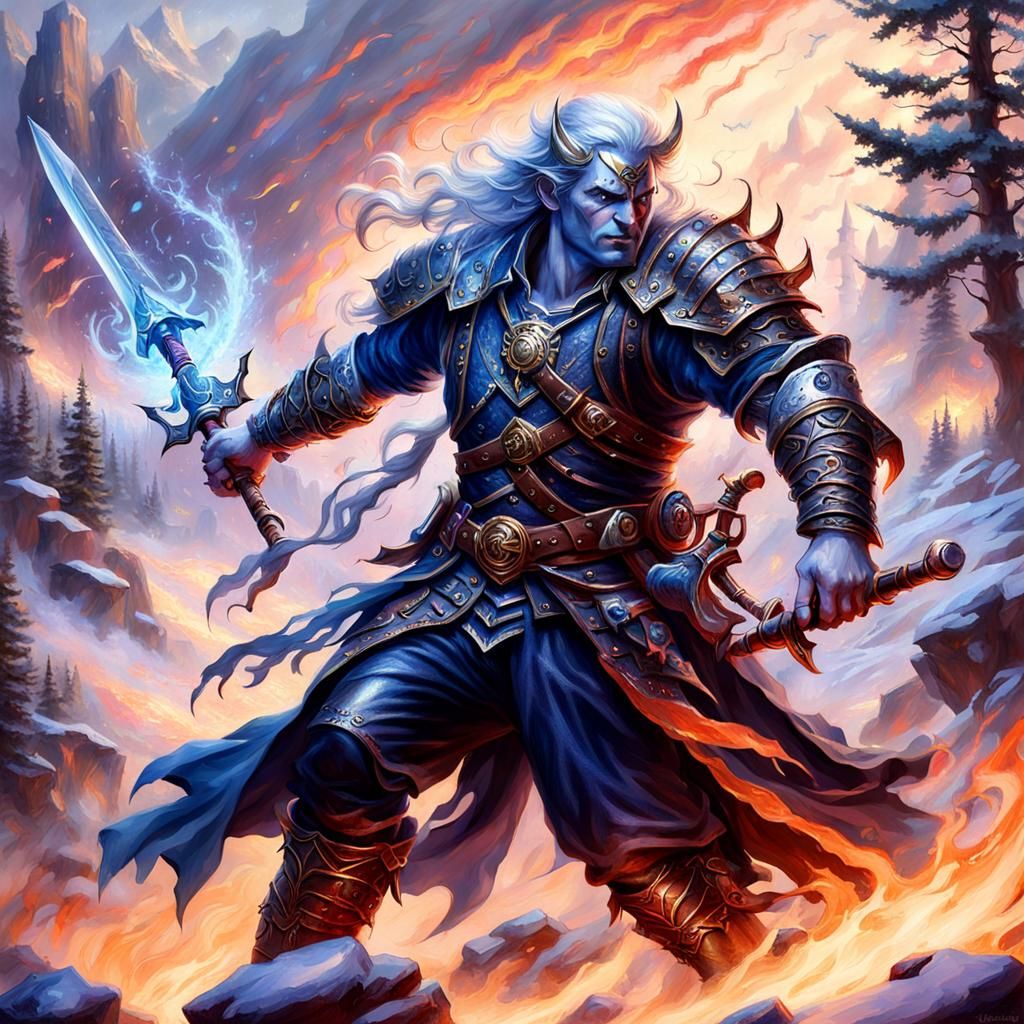 Hyperdetailed Fire Genasi Fighter with Scimitars