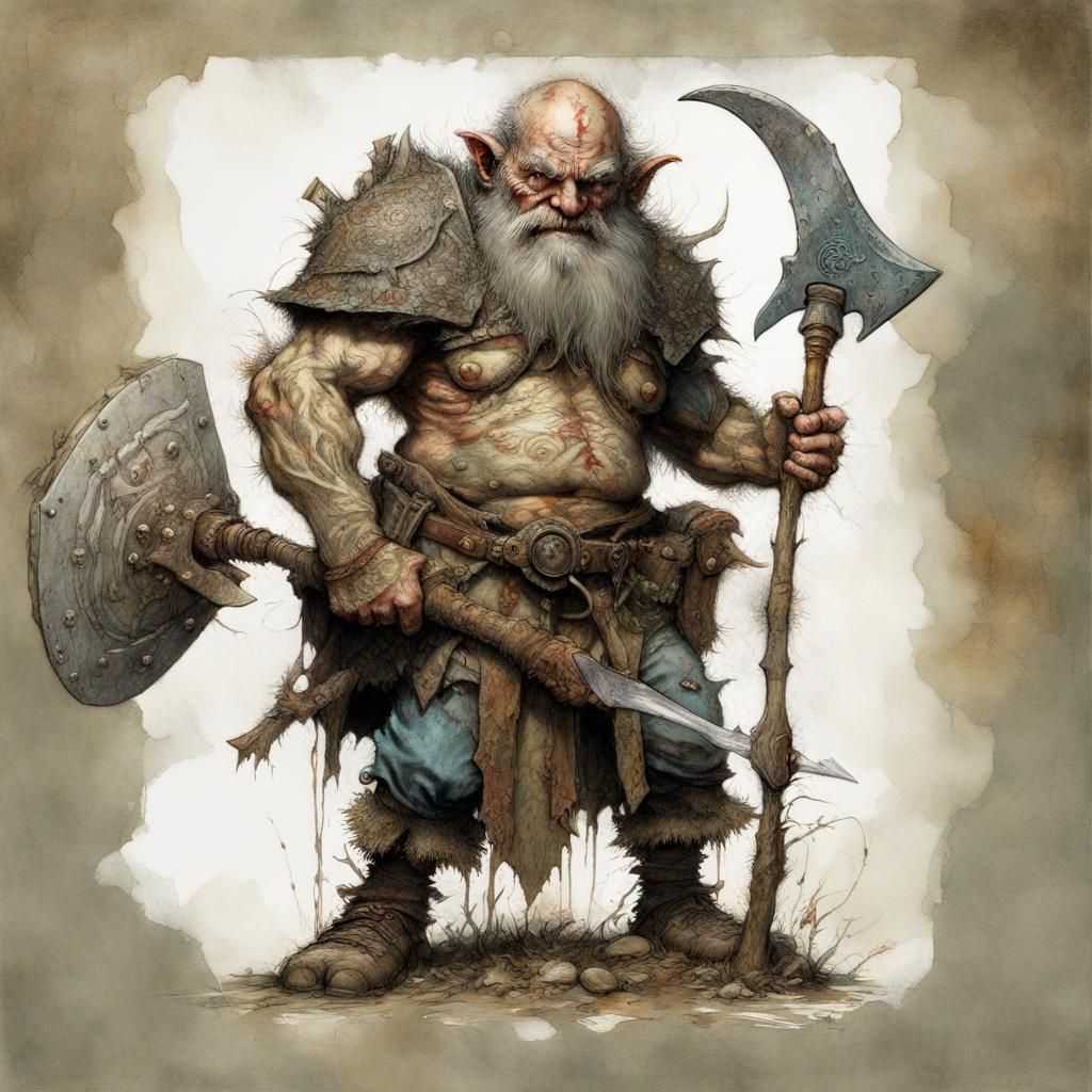 An ugly duergar with a battle axe and shield