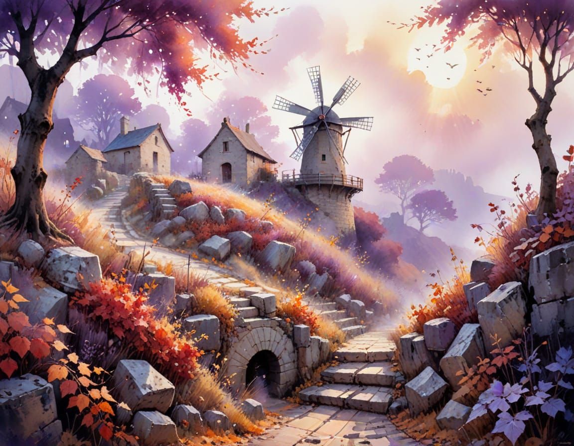 Autumn Hillside with Windmill in Watercolor Style