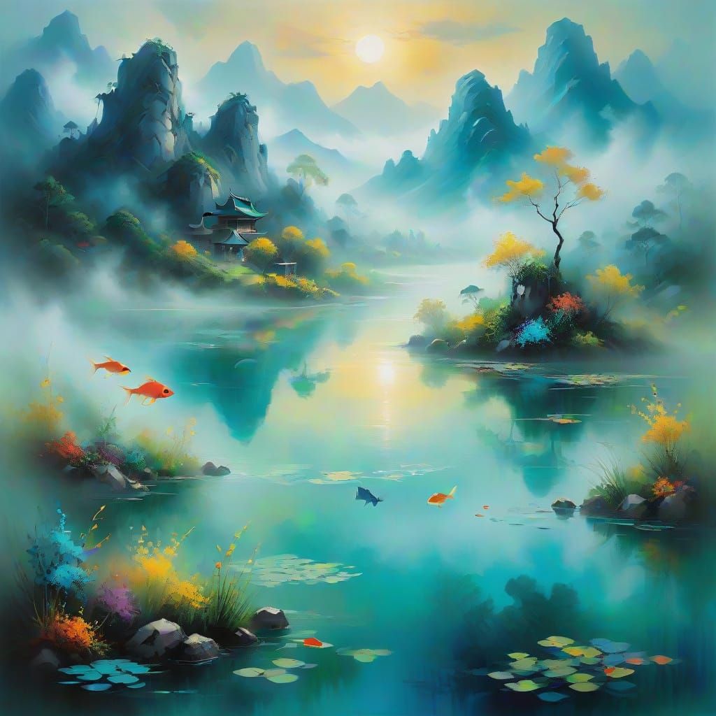 Ethereal Chinese Pond with Majestic Valley and Two Fish