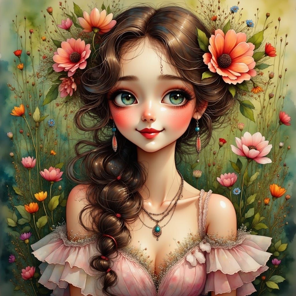 Joyful Woman in Lush Garden, Impressionist-Inspired Digital...