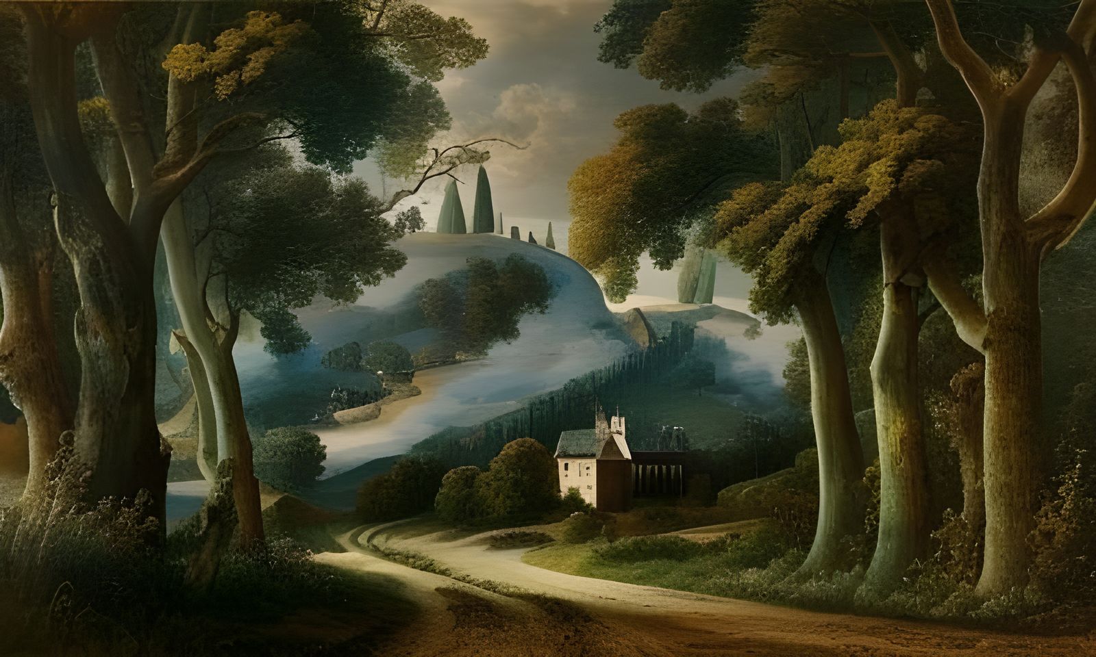 Baroque Painting of Forest Road to Winery