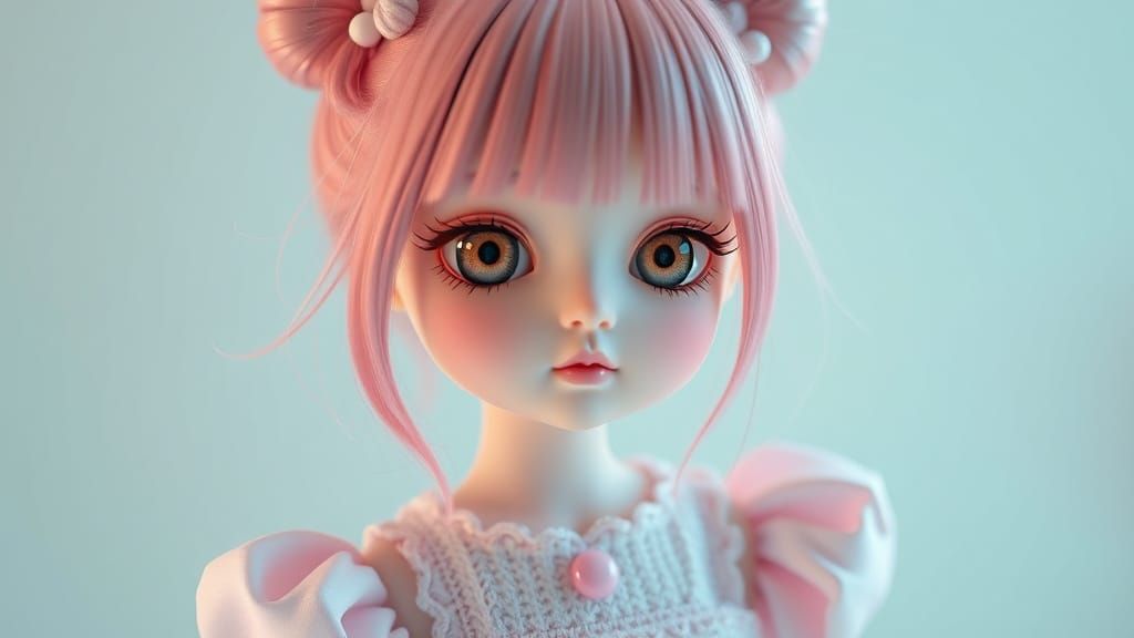 Surreal Chibi Doll in Vibrant Pastel Wonderland