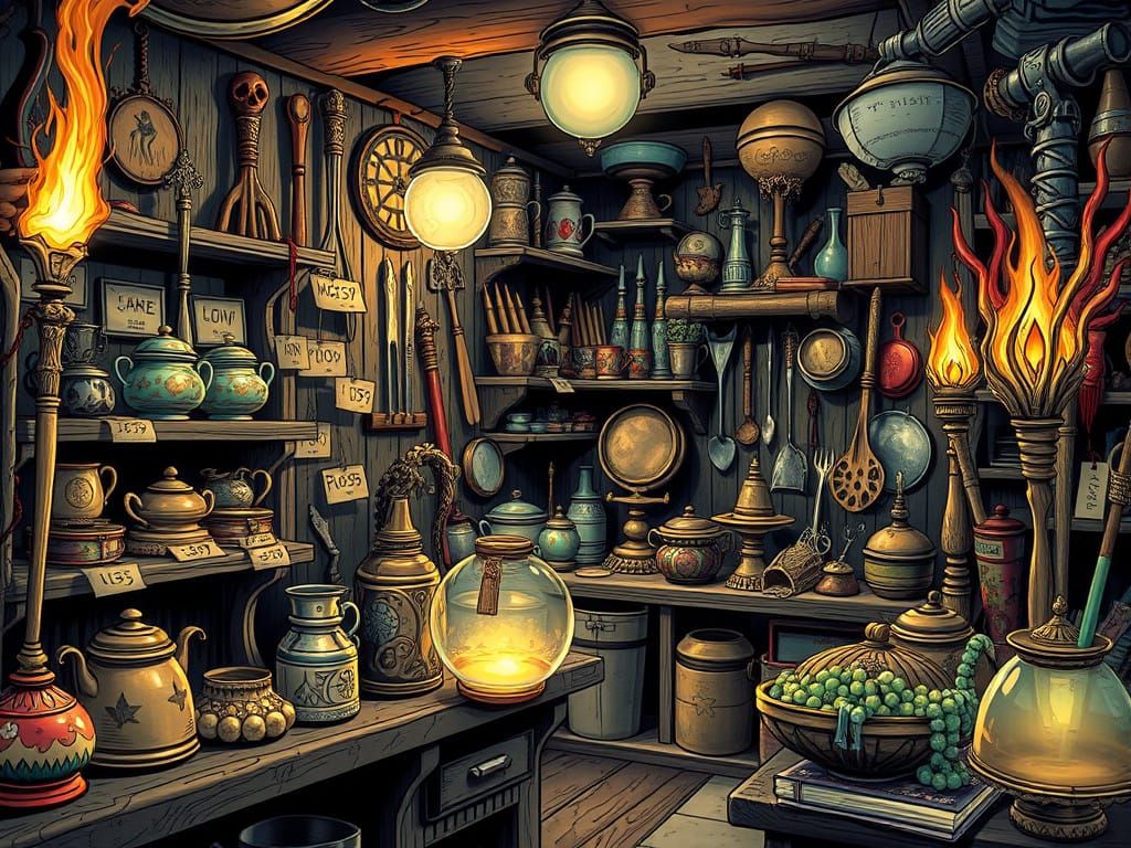 Whimsical Videogame Magic Shop in a Fantastical Realm