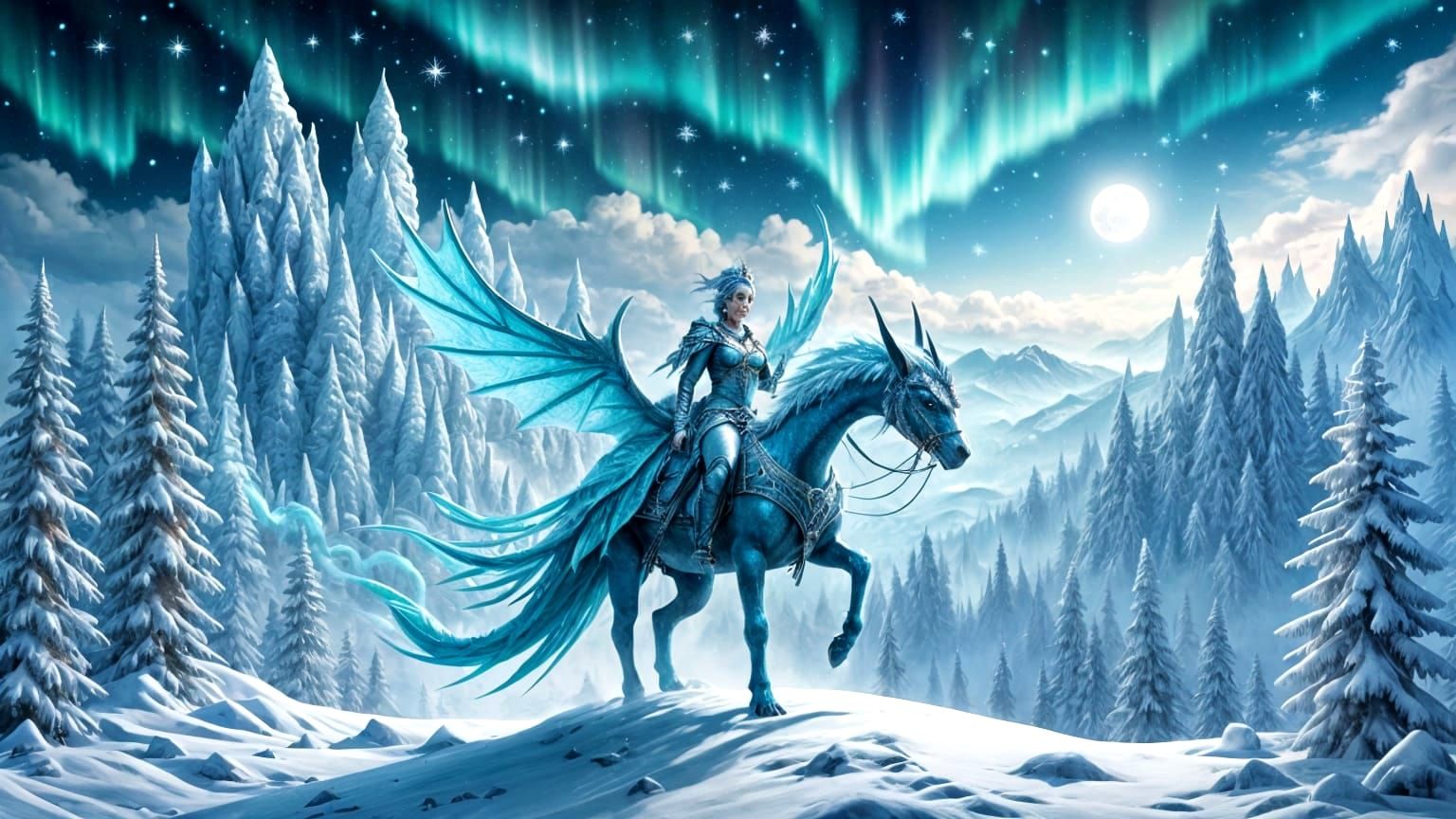 Epic Fantasy Winter Scene with Ice Queen and Dragon