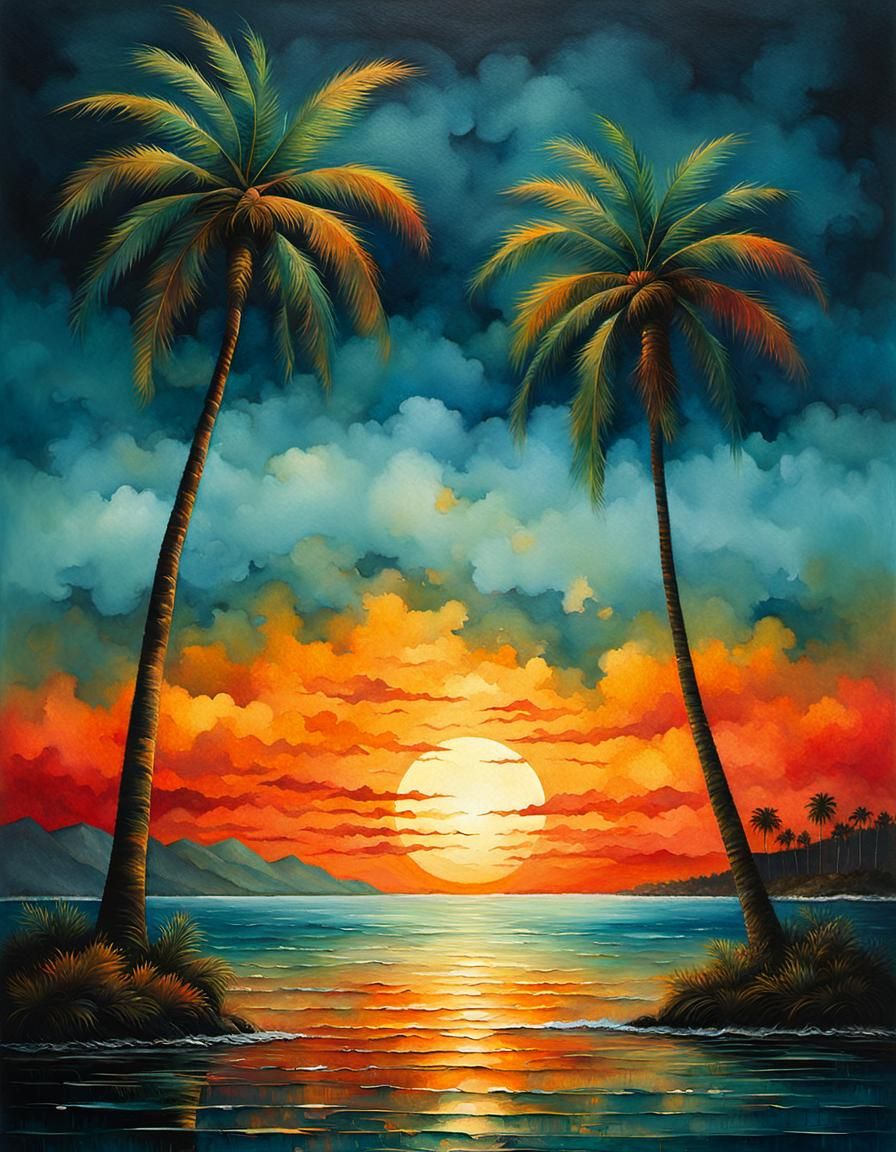 Ocean Sunset Palm Trees in Gouache Style