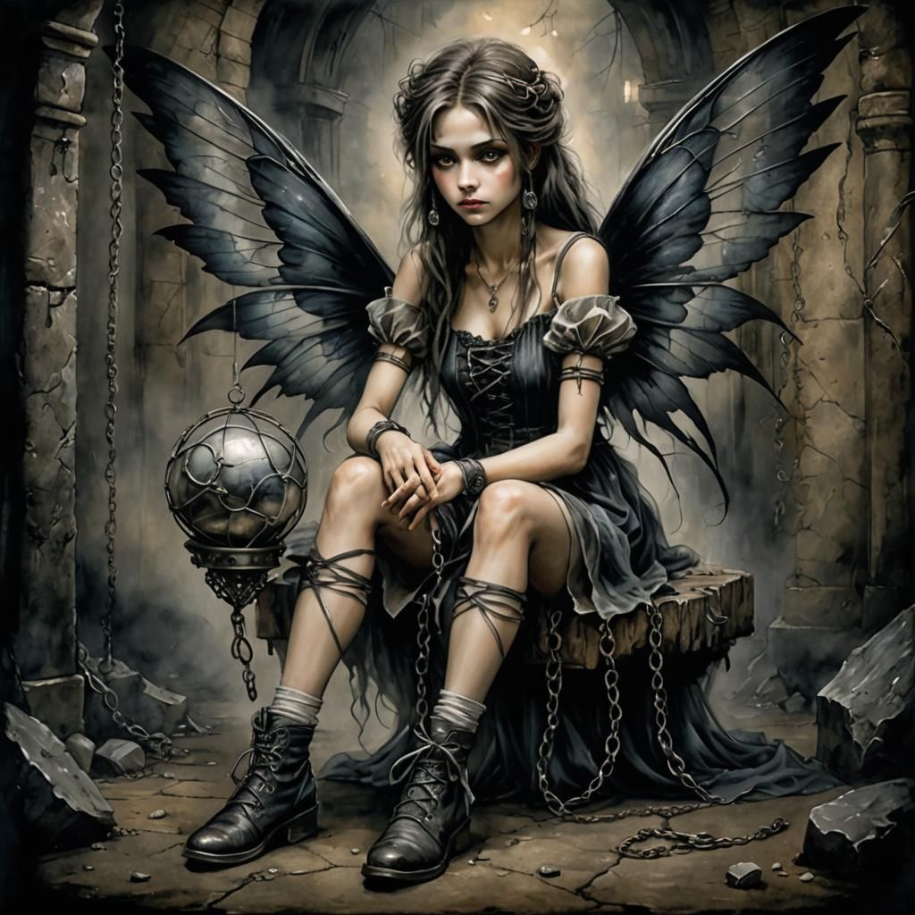 Dark Fairy with Chains in Charcoal Watercolor