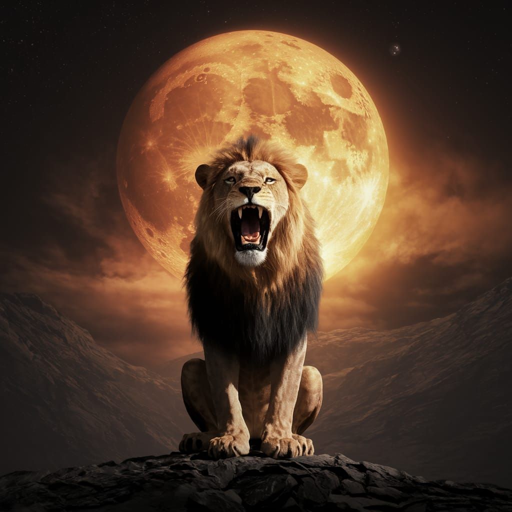 Majestic Lion Illuminated by a Fiery Full Moon