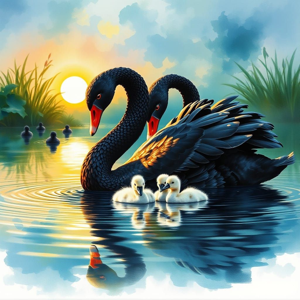 Motherly Love in Watercolor Sunset Scene
