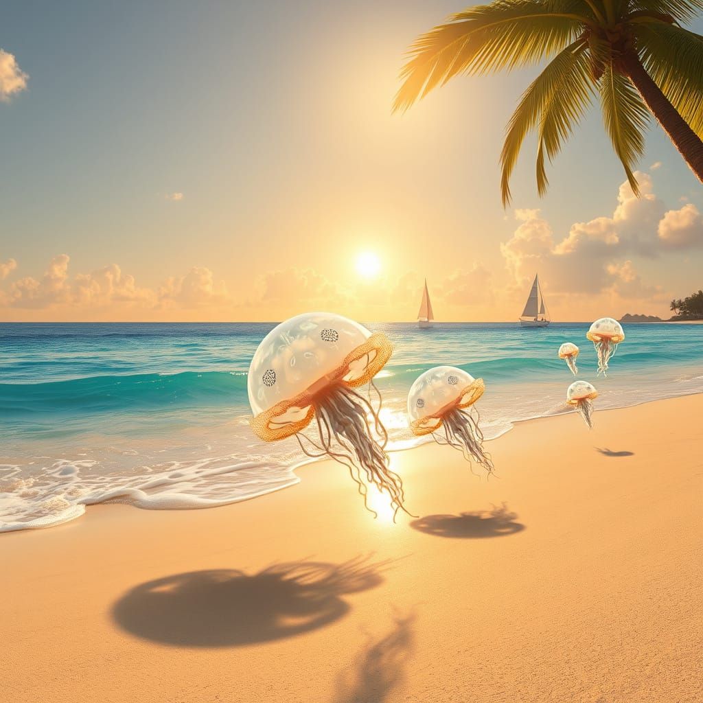 Serenic Coastal Paradise in Cyberpunk Aesthetic