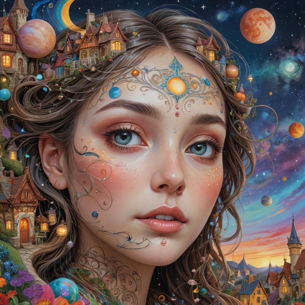 Whimsical Woman's Face Over Fairy-Tale Village