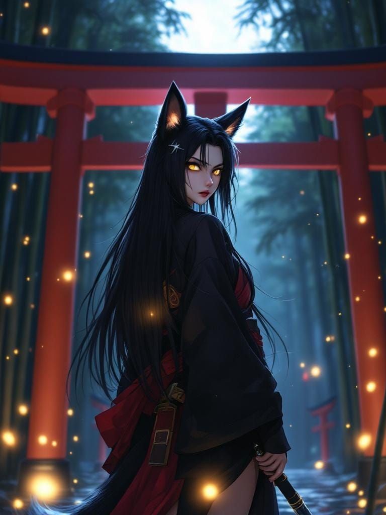 Fox-Girl in Bamboo Forest with Red Torii Gate