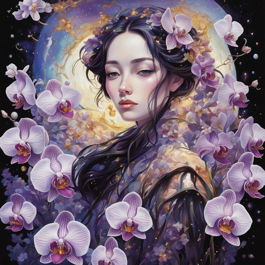 Surreal Orchids amidst Cosmic Dreamscape in Neo-Impressionis...