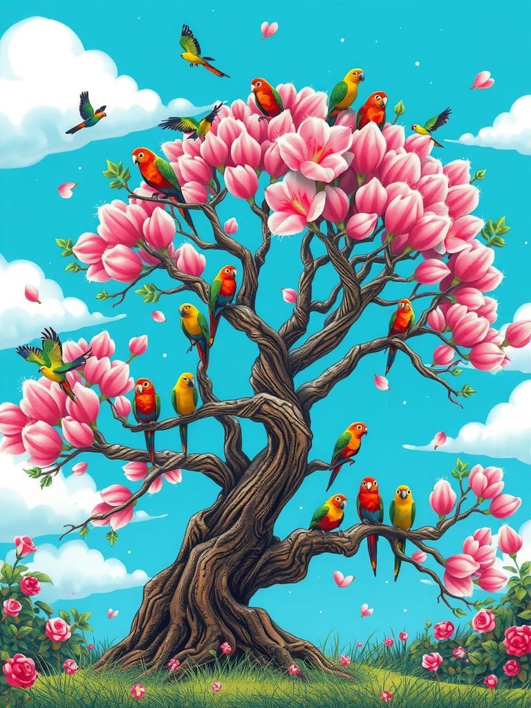 Vibrant, fluffy mimosa flowers resembling cotton candy, densely blooming on a whimsical tree, set against a brilliant bl...